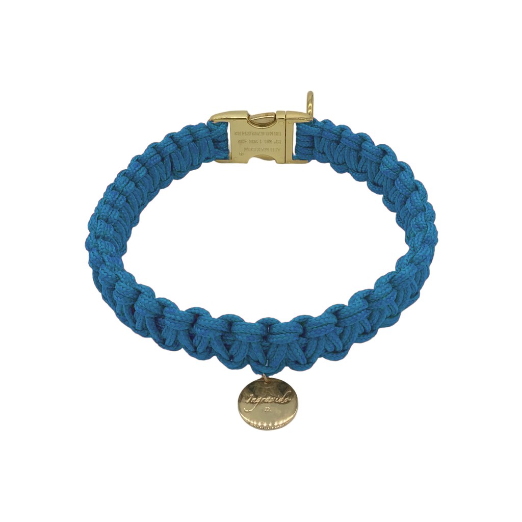 012 blau gold stabil Halsband handmade handgemacht paracord kreuzknoten vegan ingravido hanstedt online shop fuer Hundezubehoer Hundeladen