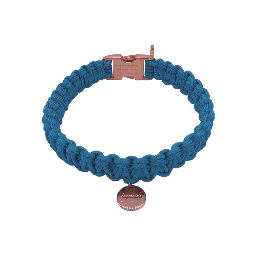 012 blau rosegold stabil Halsband handmade handgemacht paracord kreuzknoten vegan ingravido hanstedt online shop fuer Hundezubehoer Hundeladen